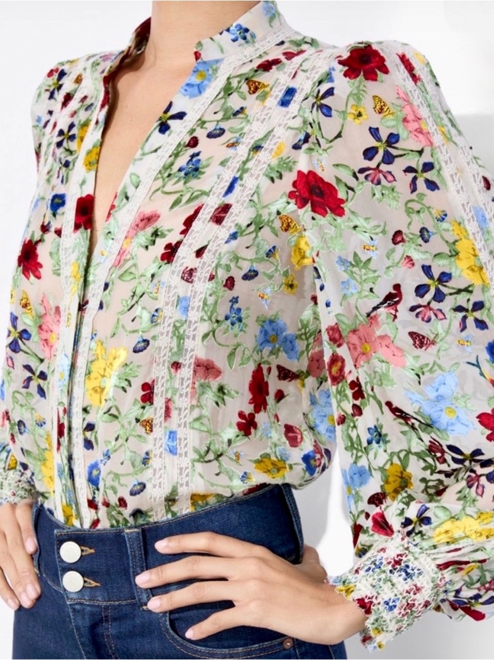 Alice + Olivia Arlette Silk Floral Blouson Sleeve Blouse Sz L
